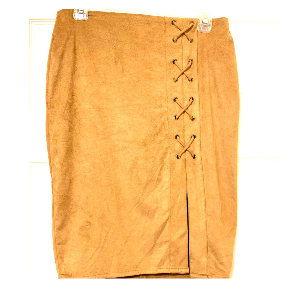 Suede pencil skirt with lace up slit